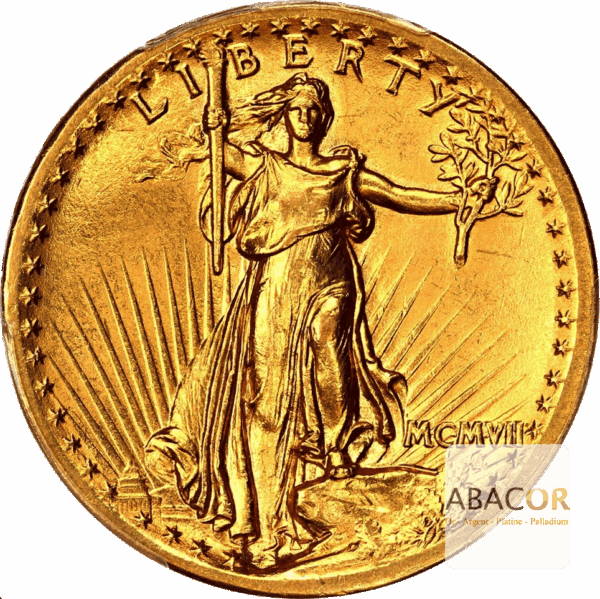 20-Dollars-US-Or-1907-MCMVII-Saint-Gaudens-Haut-Relief-avers.png Pièce 20 Dollars Or