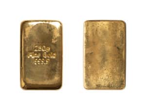 Gold bar, front and back side, isolated from above. Cast gold ingot, bullion of 250 gram, about 8 troy oz of pure metal. Real money, store of value and traditional way of investing in precious metals.
